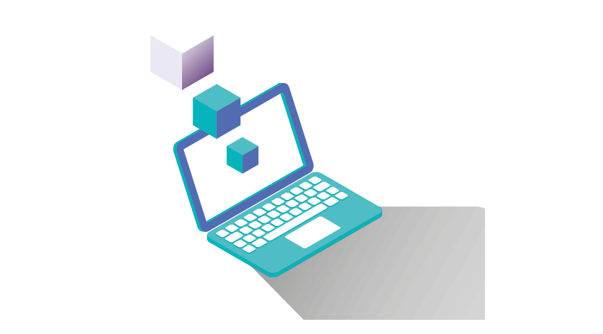 Blue illustration of laptop with three floating cubes